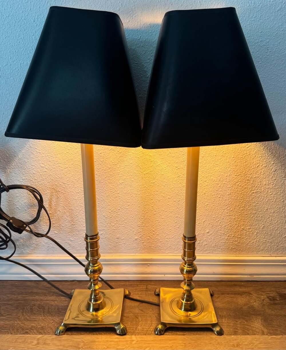 Vintage Brass Candlestick Table Lamps Pair Black Gold Shades